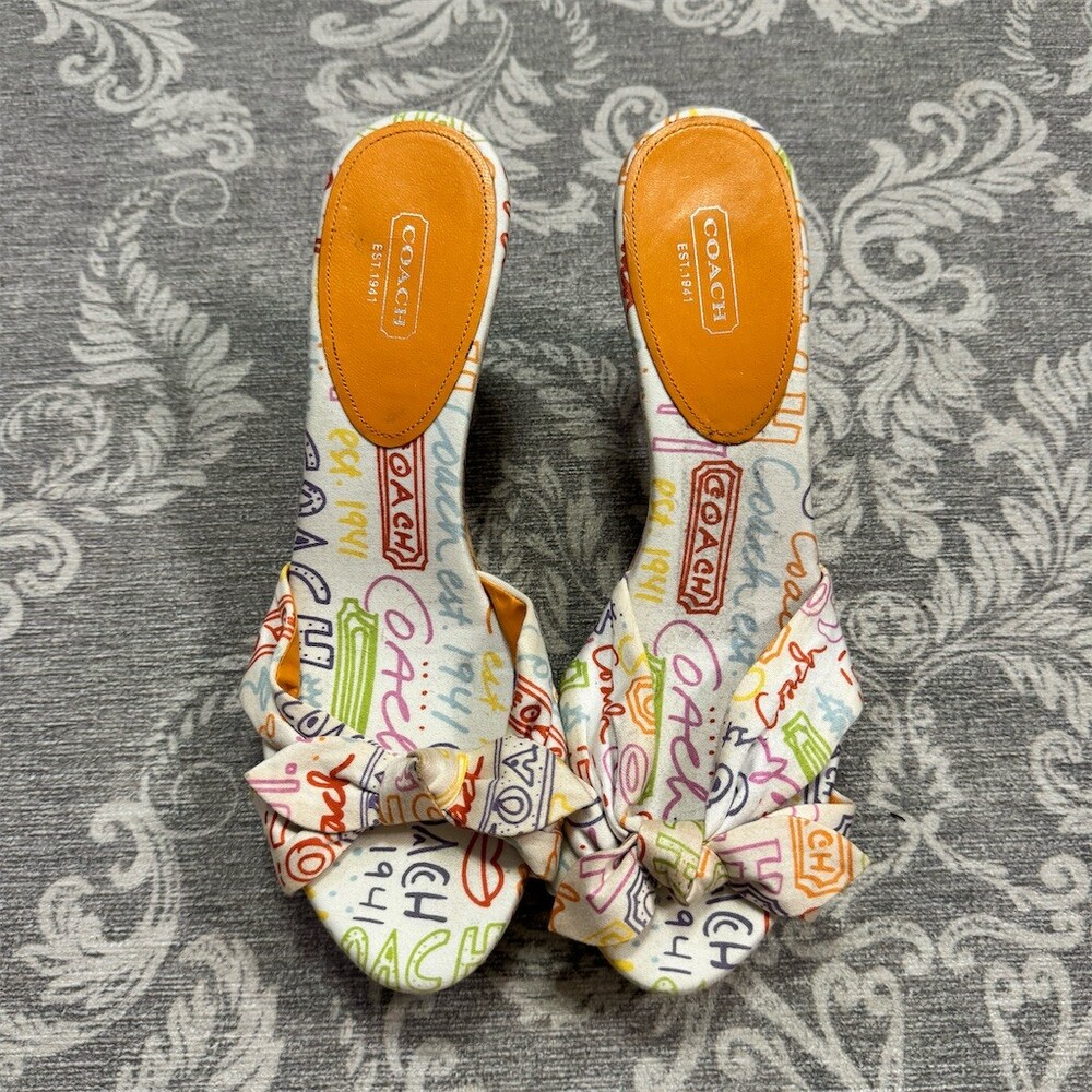 Coach Karen Platform Slide Sandals Womens 10B Multicolor Logo Bow Open Toe